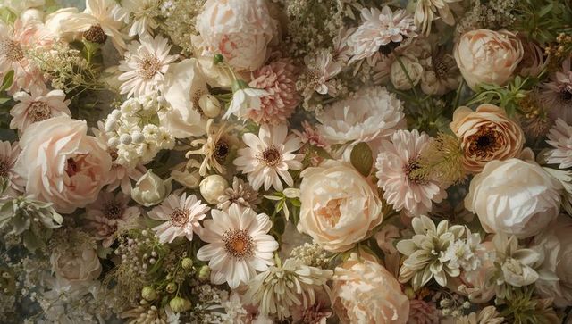 Peach-cream peony and rose flatlay with daisies baby's breath seedpods for wedding decor