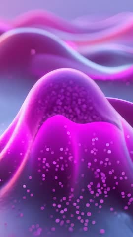 Vertical magenta fluid waves gliding over holographic gradient, sparkling particles