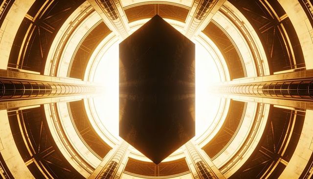 Hovering dark hexagonal monolith glowing in golden engine vault with concentric rings