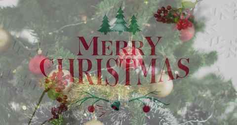 Festive Merry Christmas Tree Scene with Baubles and Berries