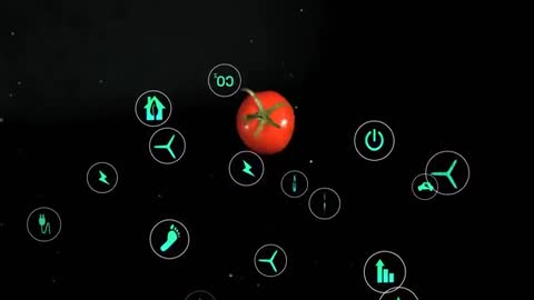 Tomato floating through dark space while neon sustainability icons orbit and glow