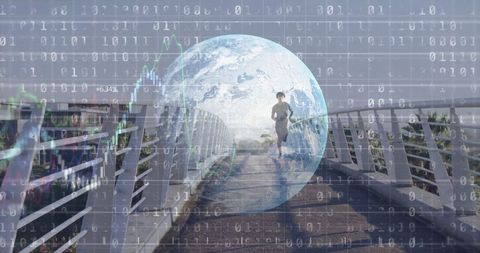 Jogger on modern footbridge with digital overlay in urban environment