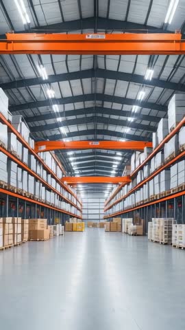 Vertical tracking shot down modern warehouse aisle with orange overhead cranes and stacked pallets