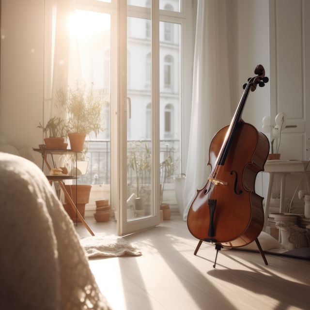 Cello standing by French window in cozy sunlit room with potted plants gives serene ambiance. Ideal for topics on music, home decor, or relaxation spaces. Perfect for promoting musical events, interior design blogs, or lifestyle magazines.