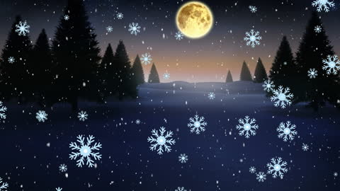 Winter Night Scene with Falling Snowflakes and Full Moon