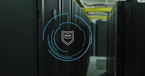 Digital Security Icon Overlaying Server Room Infrastructure