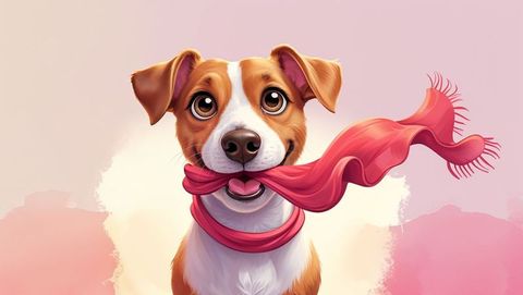 Cheerful dog holding pink scarf in whimsical artistic backdrop