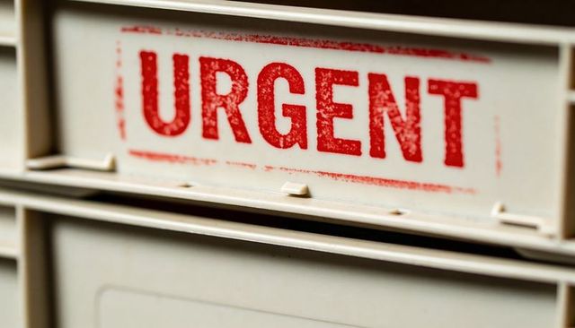 Macro closeup urgent mail tray label with red distressed stamp on beige plastic mailroom
