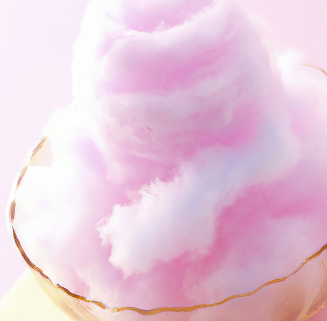 This image shows a close-up view of fluffy pink cotton candy in a decorative glass bowl, capturing the light and airy texture of the treat. Ideal for use in food and beverage advertising, confectionery branding, dessert menus, or carnival-themed promotions. Great for illustrating concepts of sweetness, fun, and childhood memories.
