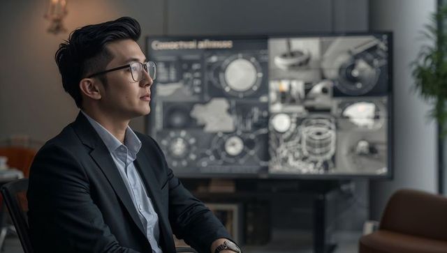 Executive in suit studying technical diagrams on large display in modern corporate meeting room