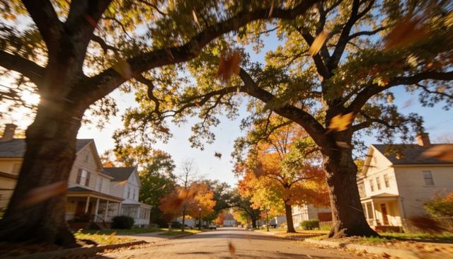 Golden autumn canopy of arching oak trees over quiet suburban street with falling leaves