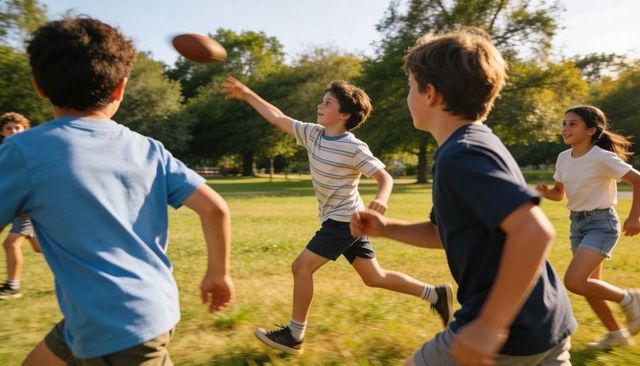Children sprinting and reaching for football in sunlit park field