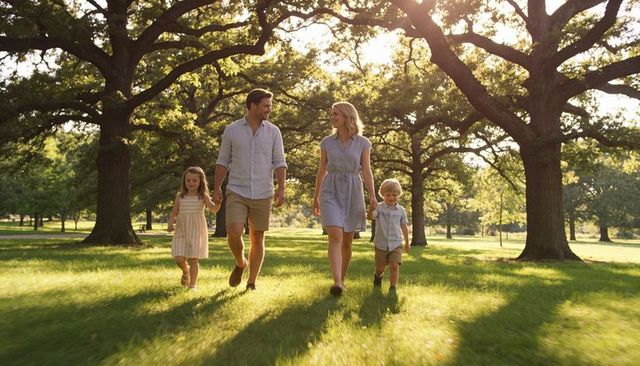 Young family walking hand in hand through sunlit oak park at golden hour