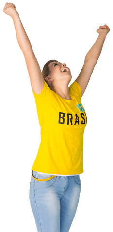 Excited Woman Celebrating in Brazilian T-shirt on Transparent Background