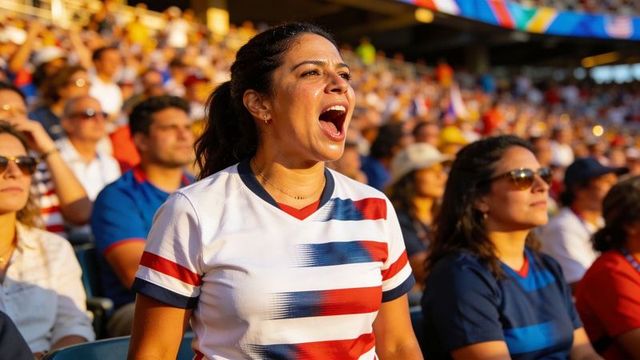 Passionate female fan cheering loudly in sunlit stadium wearing red white blue jersey