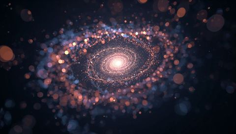 Spiral particle galaxy rotating with luminous core, bokeh stars, nebula glow, light orbs