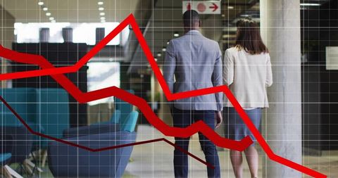 Businesspeople Walking in Modern Office with Declining Graph Overlay