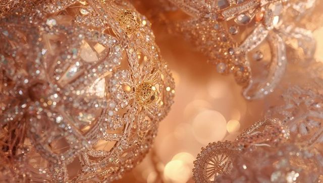 Glittering gold filigree ornaments with crystal beads opulent warm bokeh macro closeup