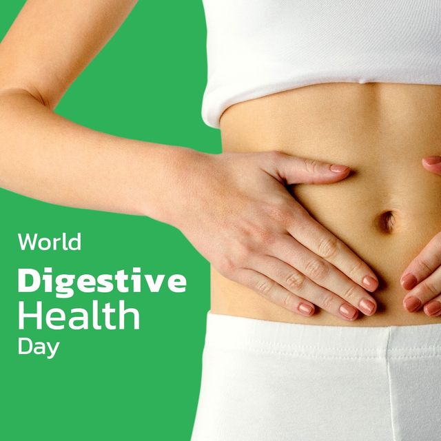 Digital composite image of caucasian woman with hands on stomach by world digestive health day text. healthy lifestyle and body care concept.