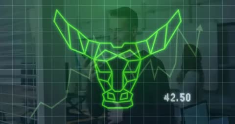 Green Bull Stock Graphic Overlay with Financial Data and Analysis Concepts
