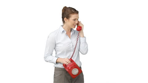 Woman Conversing on Retro Red Rotary Phone