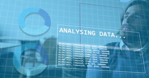 Caucasian Businessman Analyzing Data in Modern Office Interface