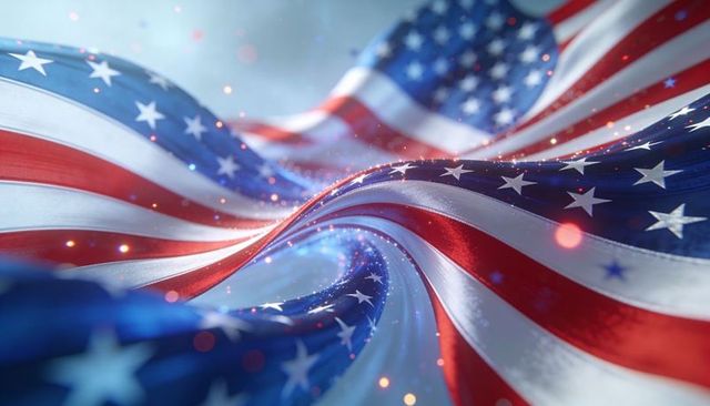 Waving american flag closeup with satin sheen and sparkling bokeh for patriotic design