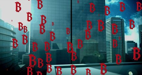 Falling Bitcoin Symbols Over Urban Skyline