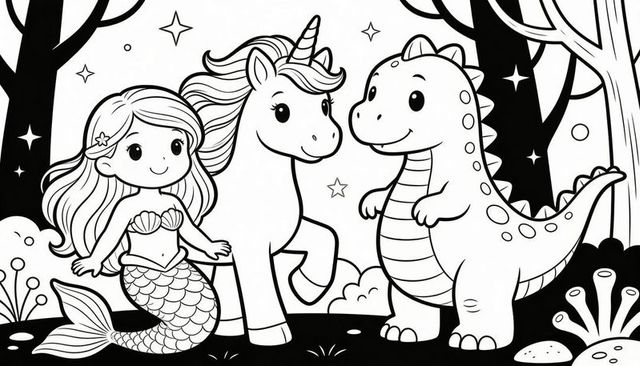 Mermaid unicorn dinosaur friends posing in enchanted forest coloring page line art