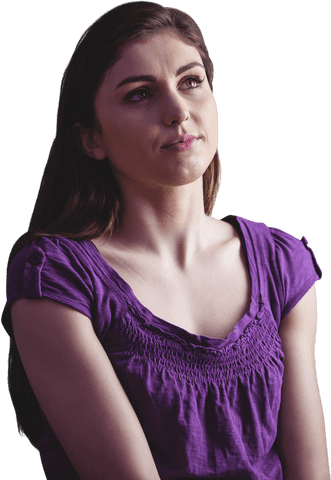 Thoughtful woman in purple shirt with transparent background