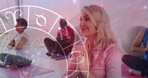 Seniors Meditating with Horoscope Overlay for Wellness and Astrology