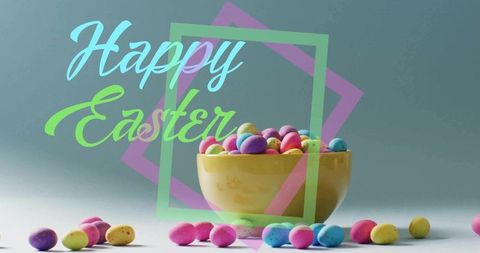 Happy easter text over pastel speckled candy eggs in yellow bowl with geometric overlay