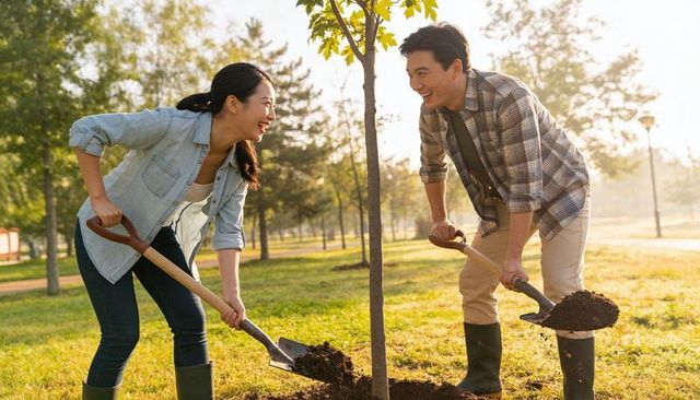 Young couple planting sapling together in sunlit park, volunteering for urban greening