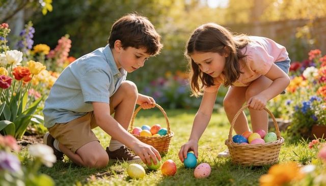 Children collecting colorful easter eggs in sunny garden among tulips with wicker baskets