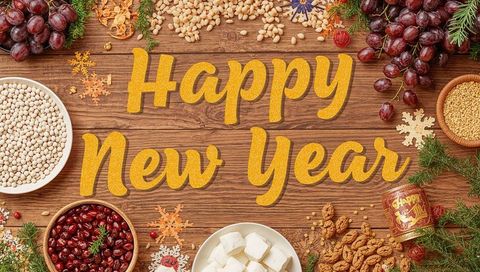 Gold happy new year lettering on rustic wood tabletop with festive food flatlay