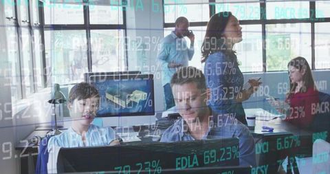 Financial Data Overlay on Busy Office Environment with Diverse Workers