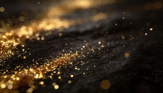 Glittering gold flakes streaming across dark textured surface with bokeh glow