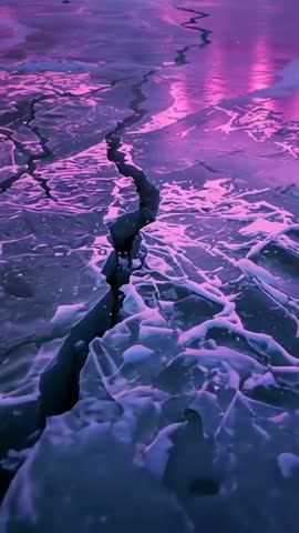 Vertical tracking over cracked frozen lake at pink twilight revealing ice fissures