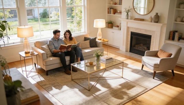 Sunlit Couple Reading Together on Cozy Sofa in Modern Living Room with Fireplace