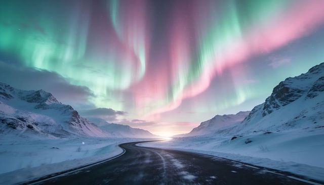 Winding arctic highway under pink and green aurora lights at twilight