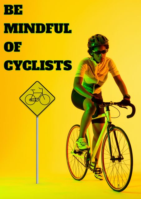 Safety Reminder with African American Female Cyclist on Yellow Background - Download Free Stock Templates Pikwizard.com