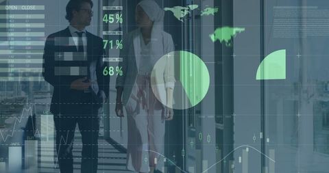 Global business leaders analyzing financial data