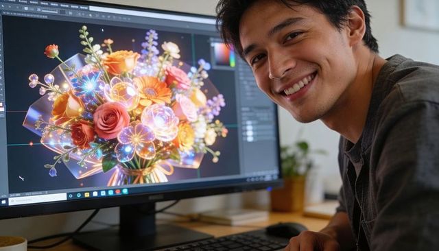 Smiling designer editing vibrant glowing floral bouquet on monitor in home office workspace