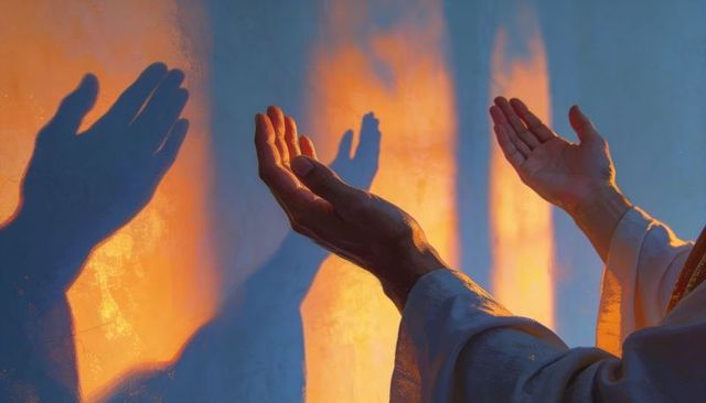 Man raising hands toward warm light with blue shadow silhouettes and robe cuff