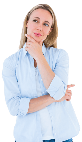 Thoughtful Blond Woman with Hand on Chin Isolated on Transparent Background