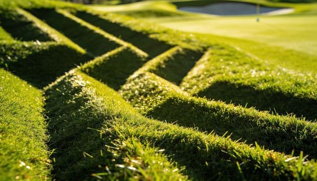 Sunlit mowed grass ridges creating diagonal lines on putting green with flagstick
