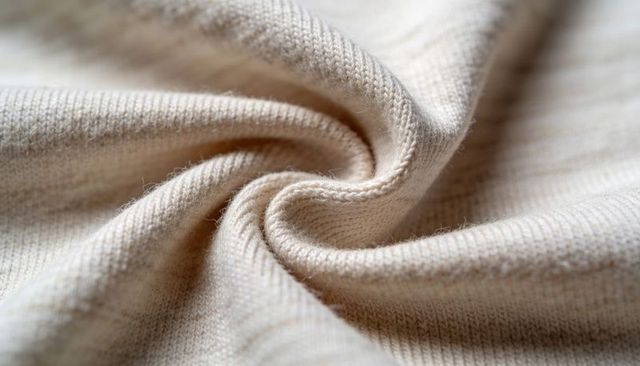 Beige knit fabric swirling closeup showing soft ribbed texture and yarn detail