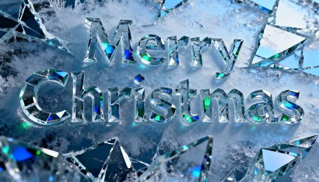 Glowing crystal letters forming Merry Christmas resting on frost reflecting teal shards