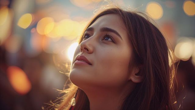 Young woman gazing upward at twilight market lights, dreamy bokeh portrait with warm glow