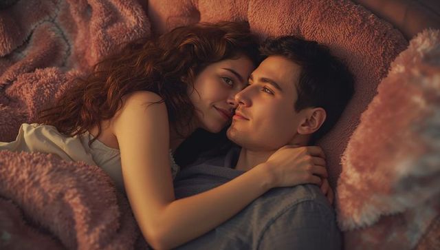 Romantic Couple Embracing in Cozy Bedroom Setting with Pink Accents